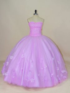Flirting Lilac Sleeveless Floor Length Hand Made Flower Lace Up Sweet 16 Dress