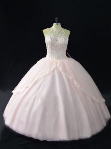 Sleeveless Floor Length Beading and Appliques Lace Up Sweet 16 Quinceanera Dress with Pink