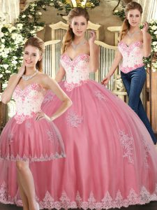 Sleeveless Tulle Floor Length Lace Up Vestidos de Quinceanera in Watermelon Red with Beading and Appliques