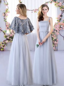 Dazzling Empire Quinceanera Court Dresses Grey Straps Tulle Sleeveless Floor Length Lace Up