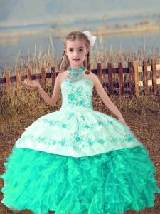 Beautiful Ball Gowns Little Girl Pageant Dress Turquoise Halter Top Organza Sleeveless Floor Length Lace Up