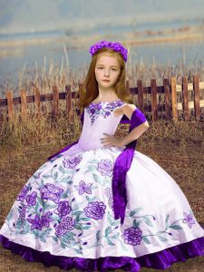 Attractive Off The Shoulder Sleeveless Kids Pageant Dress Floor Length Embroidery White Satin