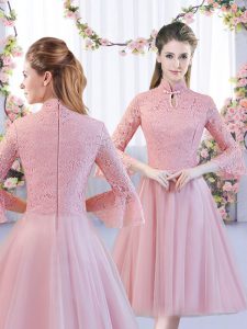 Pink A-line Tulle High-neck 3 4 Length Sleeve Lace Tea Length Zipper Damas Dress