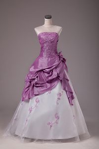 White And Purple Sleeveless Floor Length Embroidery and Pick Ups Lace Up Quinceanera Gowns