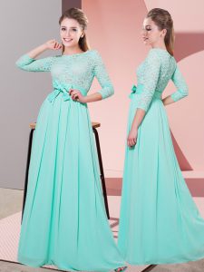 Eye-catching 3 4 Length Sleeve Side Zipper Floor Length Lace and Belt Quinceanera Court of Honor Dress