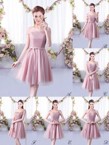 Dazzling Pink A-line Off The Shoulder Sleeveless Tulle Knee Length Lace Up Belt Quinceanera Court of Honor Dress