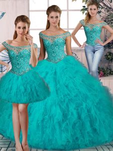 Lace Up Quince Ball Gowns Aqua Blue for Sweet 16 and Quinceanera with Beading and Ruffles Brush Train