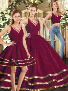 Fantastic Burgundy Tulle Backless V-neck Sleeveless Floor Length Quinceanera Dress Ruffled Layers