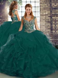 Sleeveless Lace Up Floor Length Beading and Ruffles Ball Gown Prom Dress