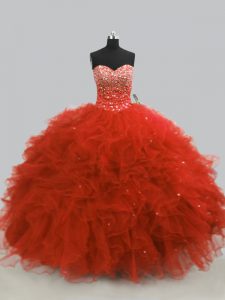 Custom Fit Sweetheart Sleeveless Tulle Quinceanera Dresses Beading and Ruffles Lace Up