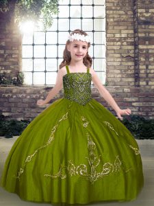 High End Olive Green Lace Up Kids Formal Wear Beading Sleeveless Floor Length