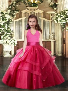 Super Hot Pink Ball Gowns Ruffled Layers Little Girls Pageant Gowns Lace Up Tulle Sleeveless Floor Length