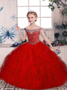 Floor Length Red Little Girls Pageant Gowns Off The Shoulder Sleeveless Lace Up