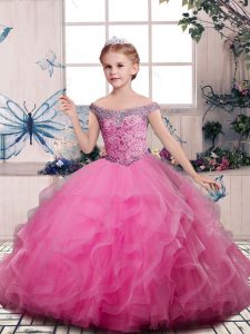Perfect Pink Ball Gowns Beading and Ruffles Child Pageant Dress Lace Up Tulle Sleeveless Floor Length