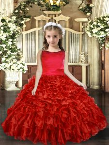 High Class Floor Length Backless Child Pageant Dress Red for Party and Wedding Party with Ruffles