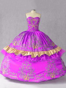 Chic Sleeveless Satin and Organza Floor Length Lace Up Sweet 16 Dresses in Purple with Embroidery and Bowknot