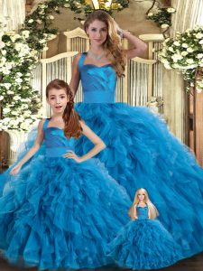 Blue Ball Gowns Tulle Halter Top Sleeveless Ruffles Floor Length Lace Up Ball Gown Prom Dress