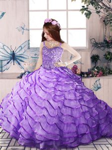 Lace Up Pageant Gowns For Girls Lavender for Party and Sweet 16 and Wedding Party with Beading and Ruffled Layers Brush Train