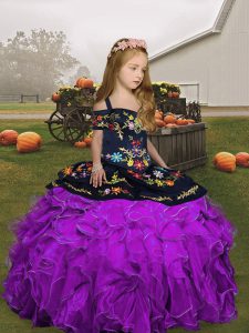 Custom Designed Eggplant Purple and Purple Ball Gowns Organza Straps Sleeveless Embroidery and Ruffles Floor Length Lace Up Pageant Dress for Girls
