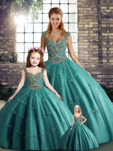 Modern Ball Gowns Vestidos de Quinceanera Teal Straps Tulle Sleeveless Floor Length Lace Up