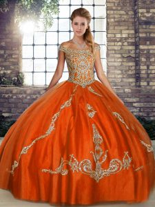 Traditional Tulle Off The Shoulder Sleeveless Lace Up Beading and Embroidery 15 Quinceanera Dress in Orange Red