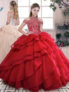 Red Sleeveless Beading and Ruffled Layers Floor Length Sweet 16 Dress