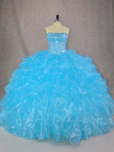 Strapless Sleeveless Lace Up Quinceanera Gowns Blue Organza