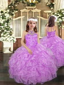 Lilac Pageant Gowns For Girls Party and Quinceanera and Wedding Party with Beading and Ruffles Halter Top Sleeveless Lace Up