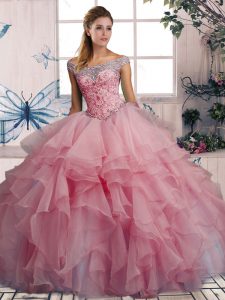 Romantic Floor Length Ball Gowns Sleeveless Watermelon Red Quince Ball Gowns Lace Up