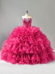 Hot Pink Sleeveless Beading and Ruffles Floor Length Quinceanera Dress