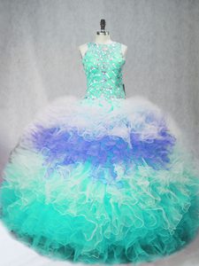 Multi-color Ball Gowns Tulle Scoop Sleeveless Beading and Ruffles Floor Length Zipper Sweet 16 Dresses