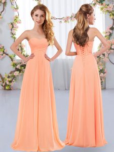 Delicate Floor Length Lace Up Dama Dress Peach for Wedding Party with Ruching