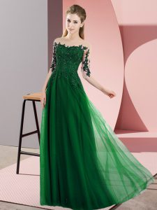 Admirable Empire Quinceanera Court Dresses Dark Green Bateau Chiffon Half Sleeves Floor Length Lace Up