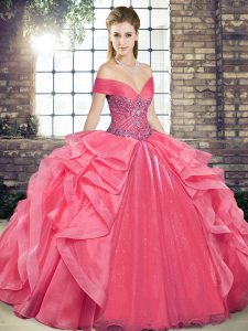 Sexy Floor Length Lace Up Quinceanera Gown Coral Red for Military Ball and Sweet 16 and Quinceanera with Beading and Ruffles