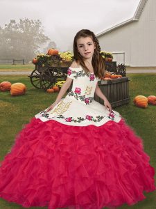 Coral Red Mermaid Straps Sleeveless Organza Floor Length Lace Up Embroidery and Ruffles Kids Pageant Dress