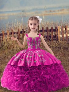 Low Price Ball Gowns Sleeveless Fuchsia Girls Pageant Dresses Sweep Train Lace Up