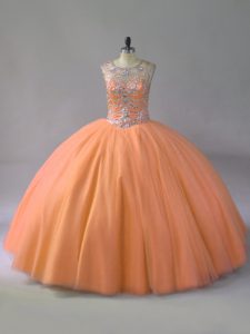 Orange Ball Gowns Scoop Sleeveless Tulle Floor Length Lace Up Beading Ball Gown Prom Dress