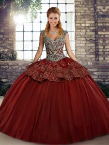 Free and Easy Wine Red Straps Lace Up Beading and Appliques Quince Ball Gowns Sleeveless