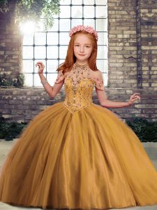 Sleeveless Floor Length Beading Lace Up Little Girl Pageant Dress with Brown