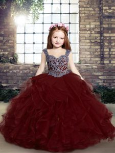 Latest Burgundy Pageant Gowns For Girls Party and Sweet 16 and Wedding Party with Beading and Ruffles Straps Sleeveless Lace Up