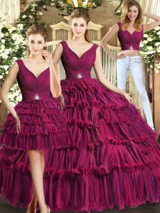Custom Designed Sleeveless Organza Floor Length Backless Quince Ball Gowns in Burgundy with Ruffled Layers