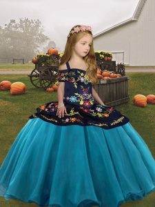Popular Teal Ball Gowns Straps Sleeveless Organza Floor Length Lace Up Embroidery Pageant Dress for Girls