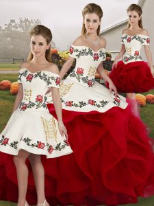 White And Red Tulle Lace Up Off The Shoulder Sleeveless Floor Length Sweet 16 Dresses Embroidery and Ruffles