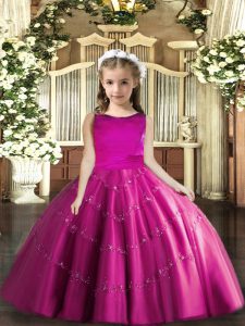 Fuchsia Lace Up Scoop Beading Little Girls Pageant Dress Tulle Sleeveless