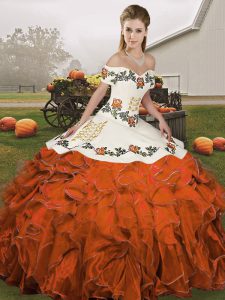 Rust Red Sleeveless Organza Lace Up Ball Gown Prom Dress for Military Ball and Sweet 16 and Quinceanera