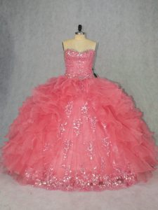 Watermelon Red Organza Lace Up Sweetheart Sleeveless Floor Length Quince Ball Gowns Beading and Ruffles