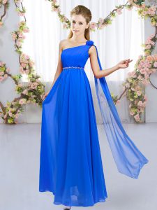 Elegant Royal Blue Chiffon Lace Up Quinceanera Court of Honor Dress Sleeveless Floor Length Beading and Hand Made Flower