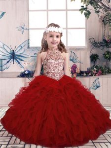 Red Sleeveless Tulle Lace Up Little Girls Pageant Dress Wholesale for Party and Military Ball and Wedding Party
