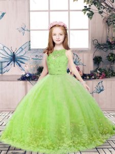 Sleeveless Floor Length Lace and Appliques Backless Girls Pageant Dresses with Yellow Green