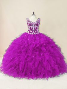 Fuchsia Ball Gowns Tulle V-neck Sleeveless Beading Floor Length Backless 15th Birthday Dress